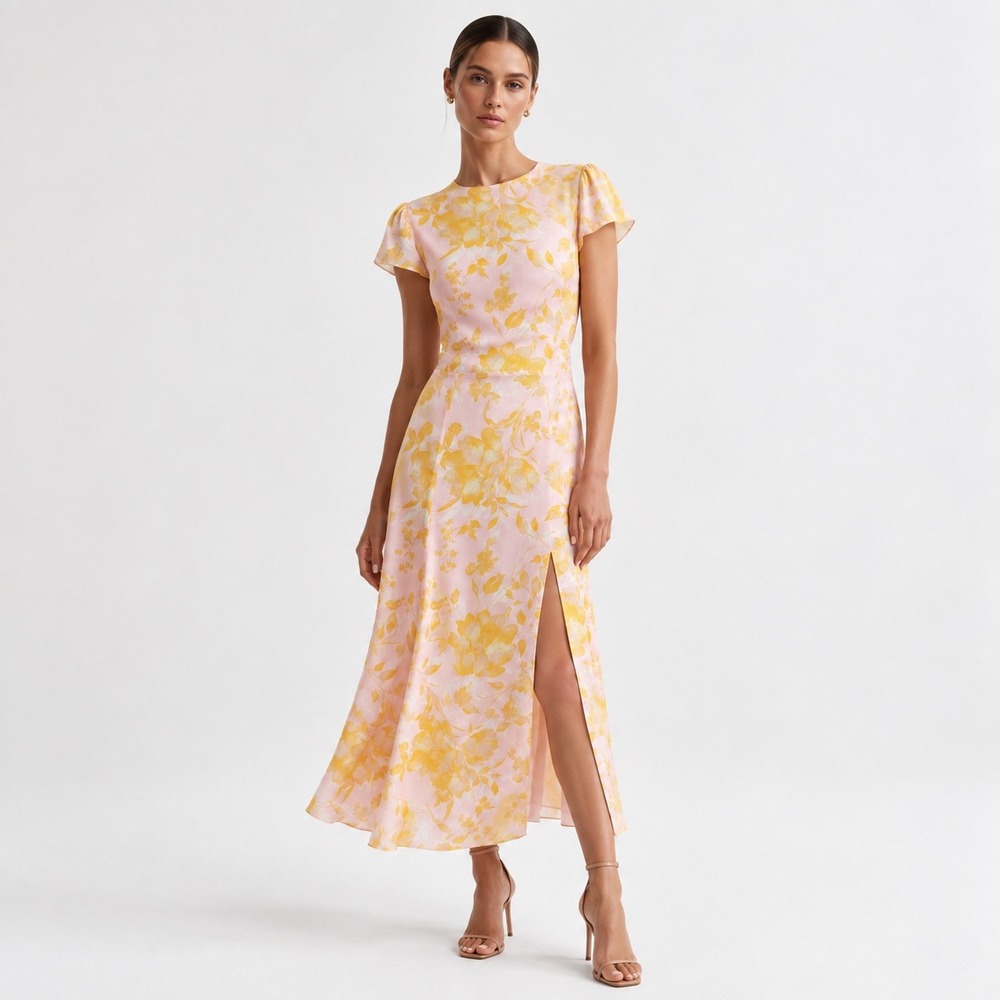 Reiss Livia Floral Midi Dress Women Size 6 Pink Yellow Open Back Wedding Guest